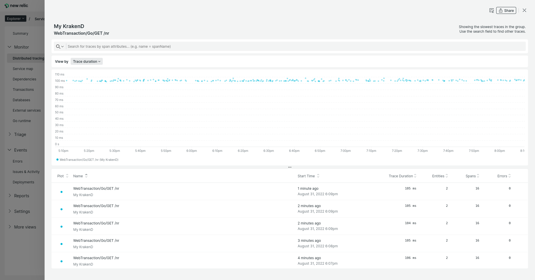 NewRelic integration screenshot